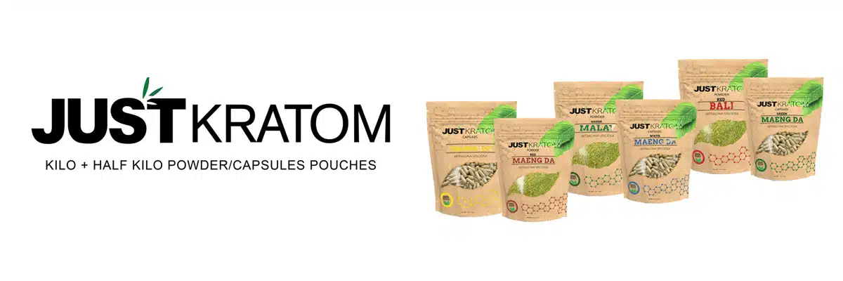 Just Kratom logo and products