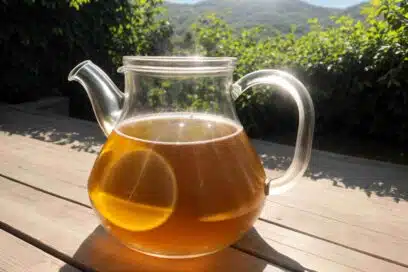 Large pitcher of sun-brewed tea with lemon