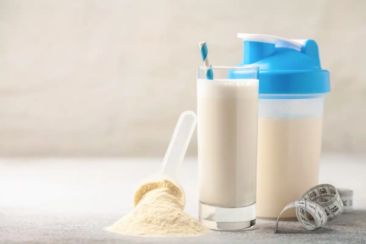 Protein shake, powder, and mixer bottle