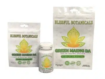 Blissful Botanicals Green Maeng Da powder and product label