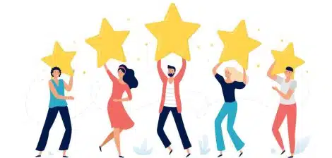 Group of cartoons holding up 5-star review
