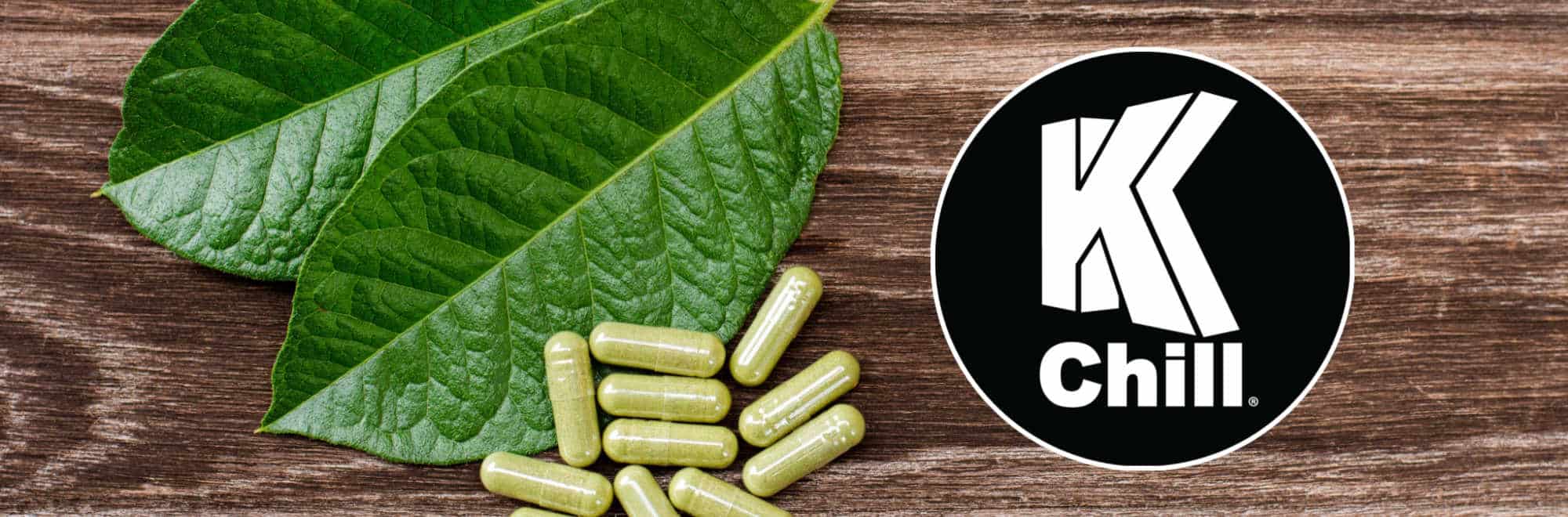 image of k chill kratom leaves and capsules