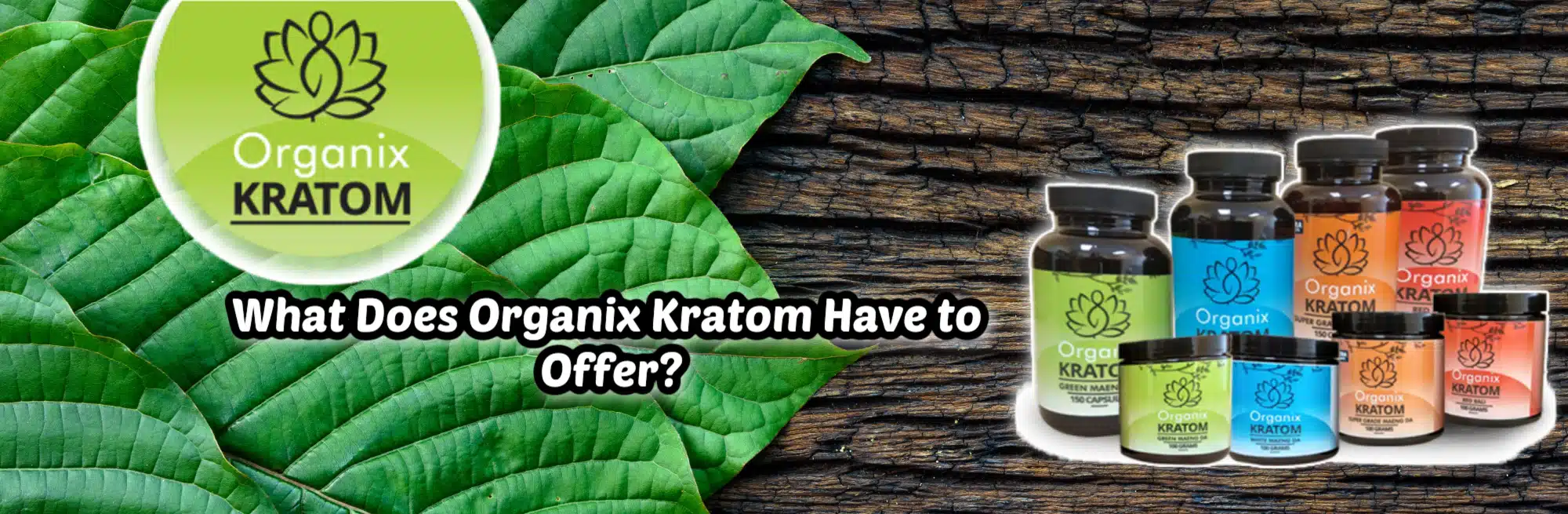 "what does organix kratom have to offer" banner with product line display