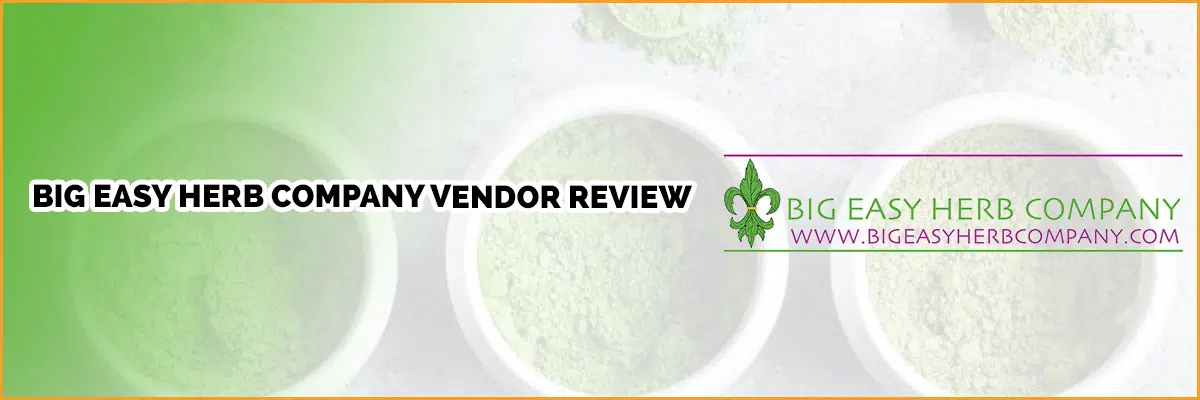 Big Easy vendor review banner with logo and kratom powder as background