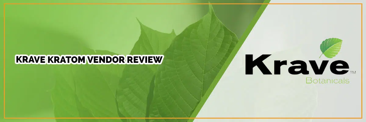 Krave Kratom logo and vendor review banner with leaves in background
