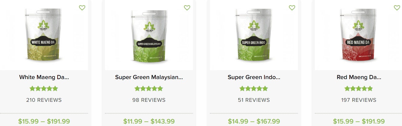image of sacred kratom product line and pricing